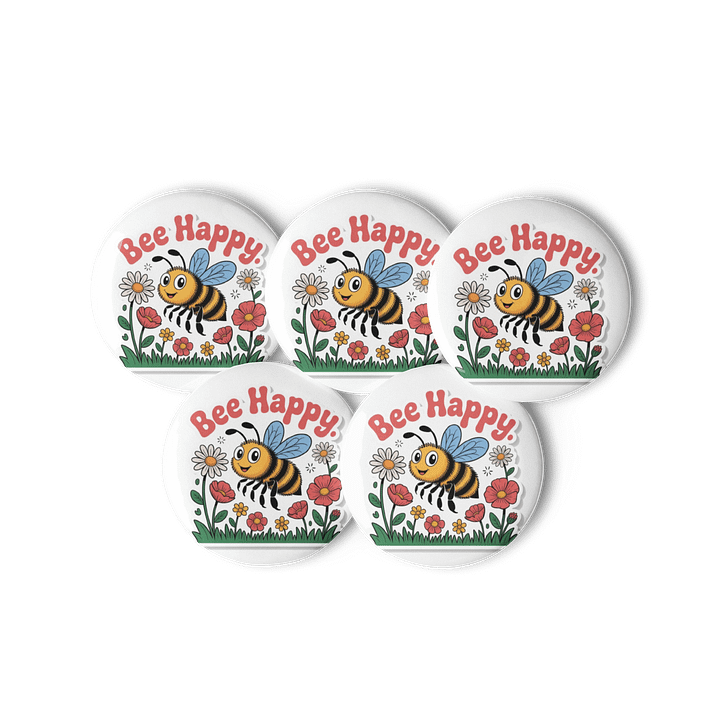 Set of 5 'Bee Happy' Pin Buttons - Whimsical Bee and Flower Design product image (2)