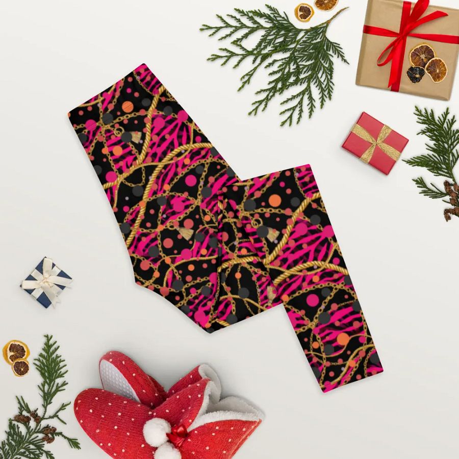 comfortable ladies leggings in funky arty red pink and gold design  on black design for those that  like the unusual. product image (8)