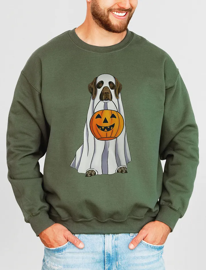 German Shorthaired Pointer (2) Halloween Sweatshirt | Funny Halloween GSP Wearing a Ghost Costume with Pumpkin Basket product image (19)