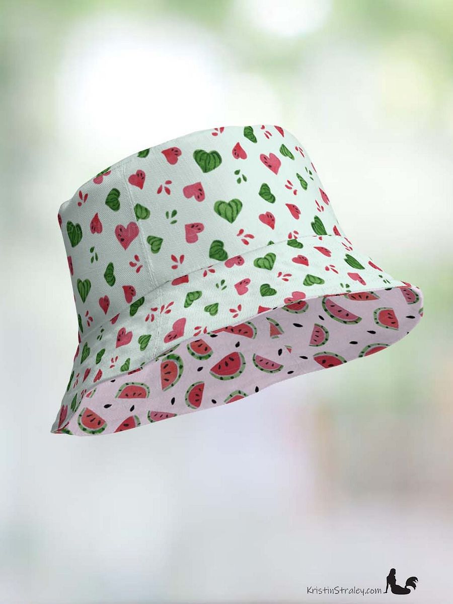 Watermelon Splash Reversible Bucket Hat Watermelons and Hearts product image (9)