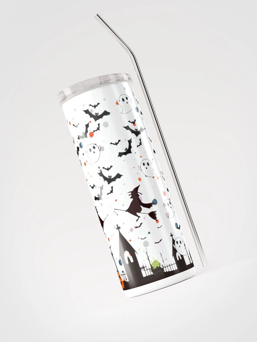 20 oz Stainless Steel Tumbler with Spooky Halloween Design – Ghosts, Witches, Bats & Haunted Houses, Reusable Straw & Lid product image (3)