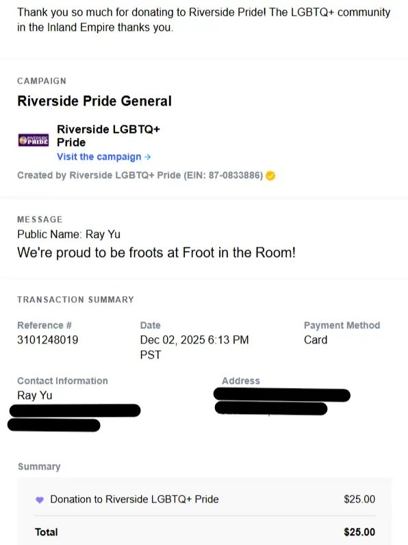 It's not a lot, but we're proud to contribute back to our local community at Froot in the Room on this #GivingTuesday. A portion of every sale we make is a donation to a local #LGBTQ or ally nonprofit. Our first contribution goes to Riverside Pride, no surprise here 🌈