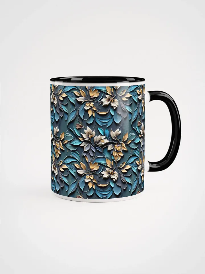 Coffee Mug with Color Inside - Sculpted Floral Pattern of Yellow-Brown Flowers on Blue Background product image (1)