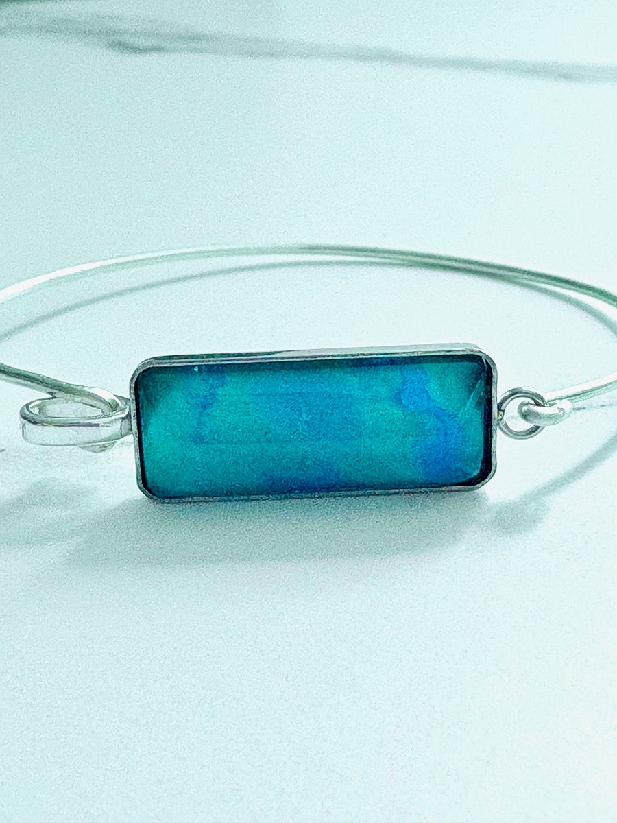 ⚡ Electric Tide Bangle | 6.75" Silver-Plated Wire Bracelet with Teal Rectangle Charm | Handmade Coastal Charm Jewelry by Monique Faella Designs™ | MFD-00180 product image (5)