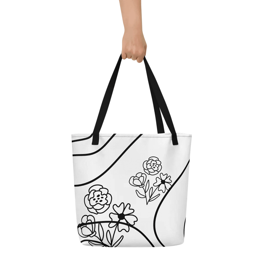 All-Over Print Large Tote Bag w/ Pocket - Flower on Black Lining product image (6)