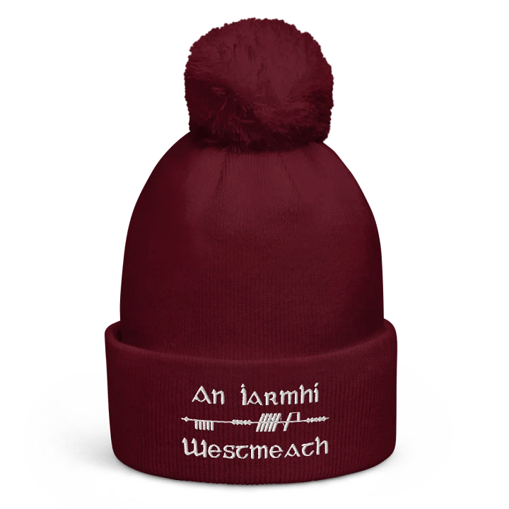 Westmeath/An Iarmhí Scholastic style Ogham, maroon with white, embroidered Pom-Pom Beanie product image (1)