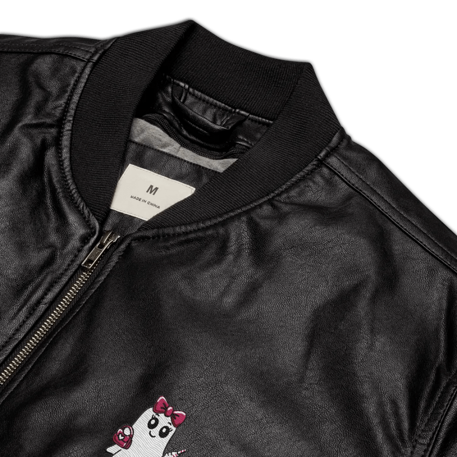 Cute Ghost Embroidered Faux Leather Bomber Jacket product image (4)
