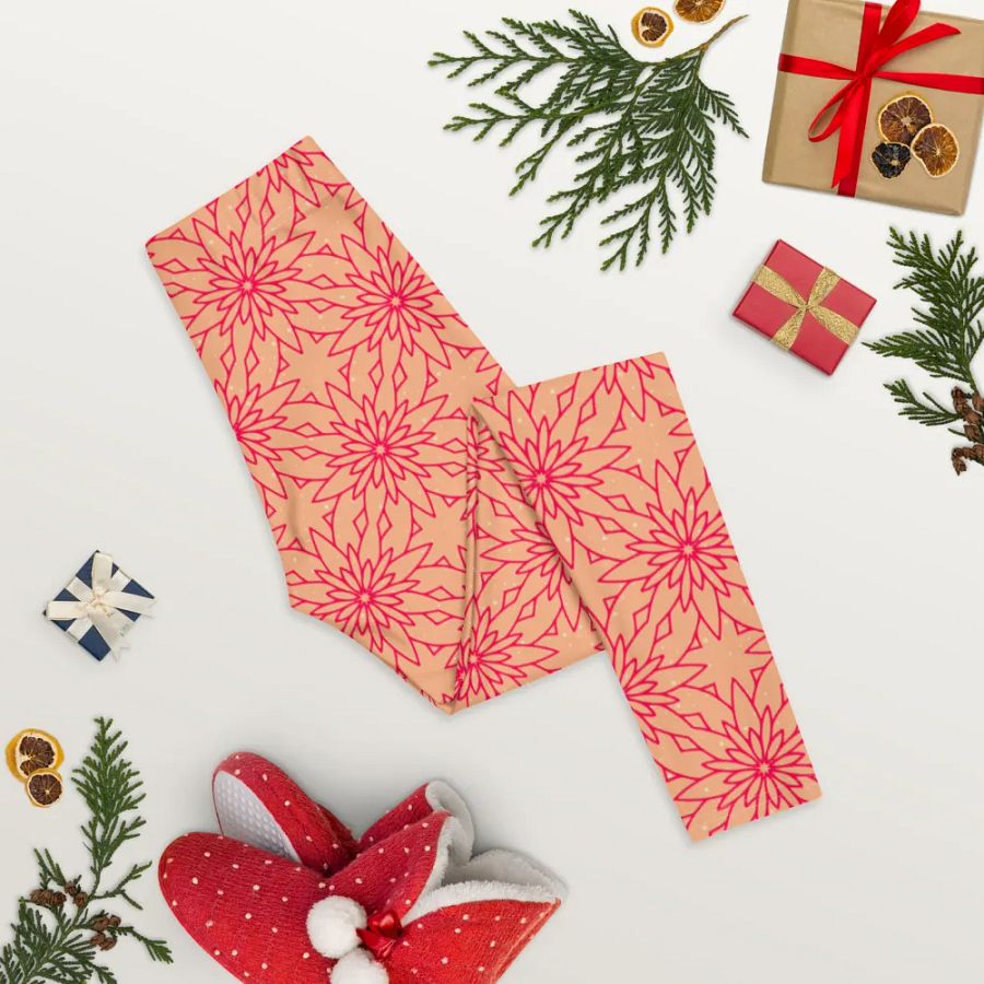 comfortable leggings in soft apricot with dark pink geometric   design for those that  like pattern elements. product image (8)