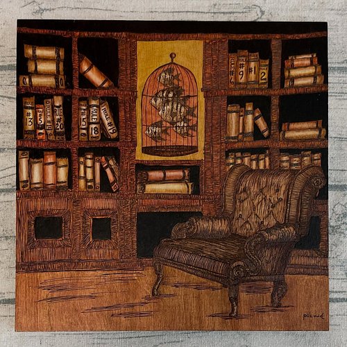 At long last, the fifth woodburned album cover for @fishinabirdcage is finished and delivered! 
@lunacharlotteart and James P...