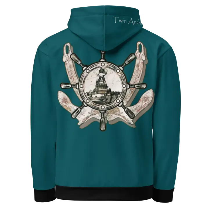 Teal Twin anchor ship wheel & Tug CE Hoodie product image (1)
