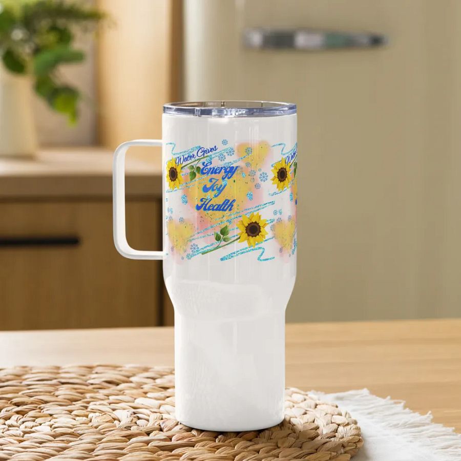 Travel mug with handle with beautiful sunflowerr water drops featuring ' This water gives Harmony in Body and Mind