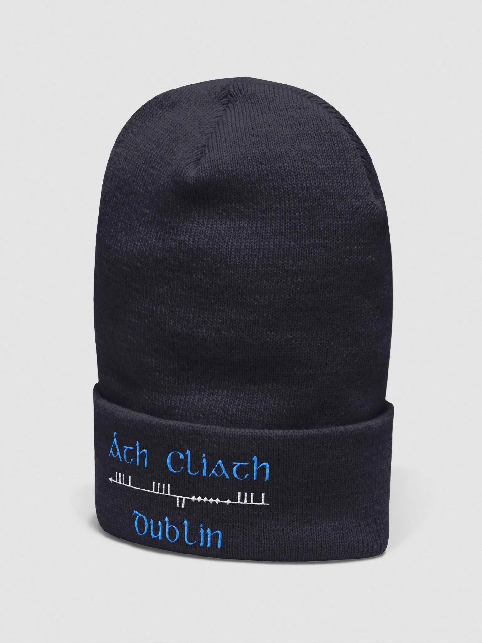 Dublin/Áth Cliath Scholastic style Ogham, Light Blue and white, embroidered Cuffed Beanie product image (5)