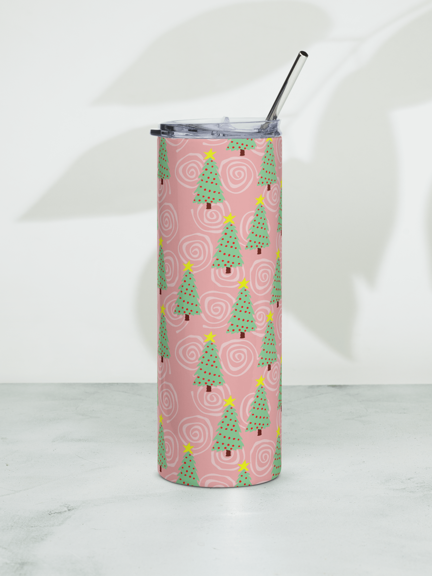 Green Christmas Trees on Pink Spirals Stainless Steel Tumbler with Straw product image (6)