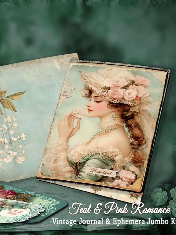 Teal & Pink Romance Journal & Ephemera Kit Digital Download only product image (3)