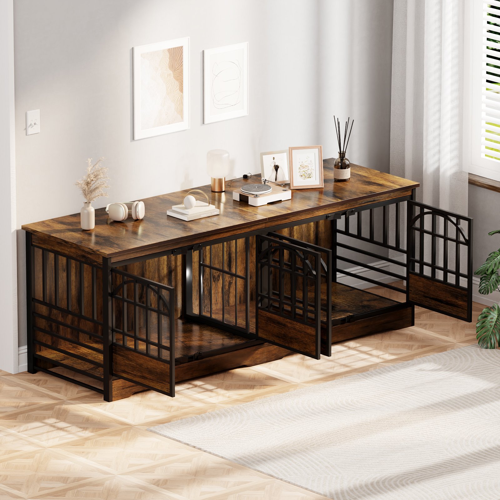 86 Inch Double Dog Crate Furniture for 2 Large Dogs, Decorative Dog Kennel Indoor TV Stand, Heavy Duty Wooden Dog Cage for Large Medium Dogs Sized Dog Pet House with Divider (Brown) product image (8)