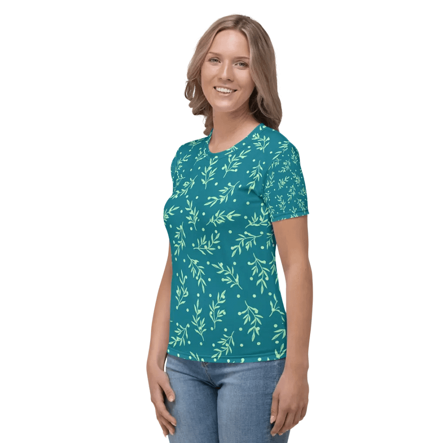 Ladies T shirt all over print teal color  leafy design  giving a fresh healthy feel for outdoor activity or outing. product image (3)