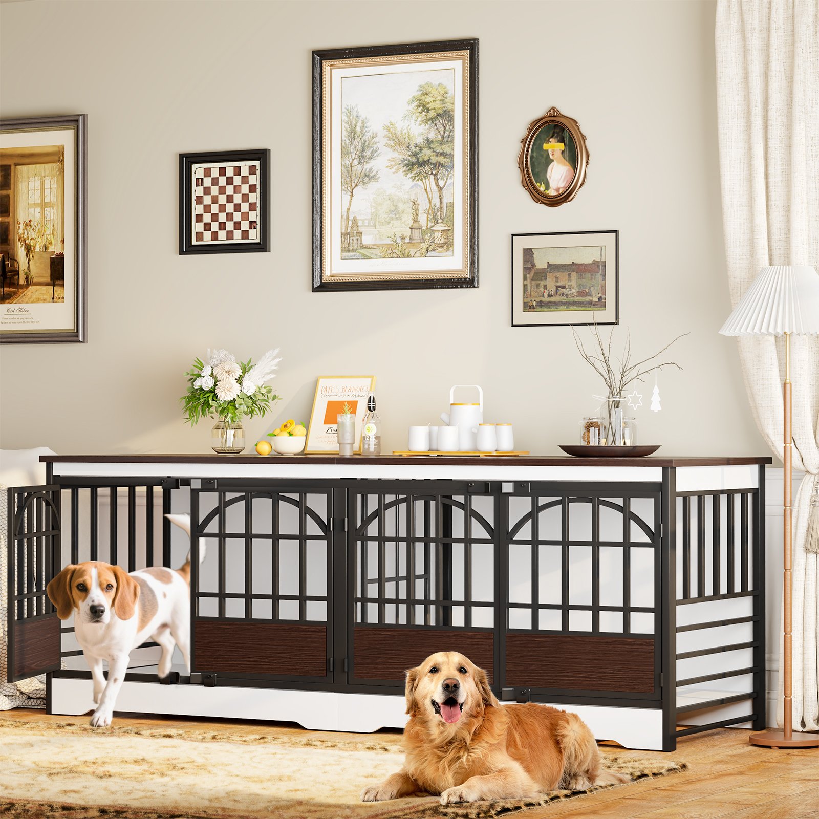86 Inch Double Dog Crate Furniture for 2 Large Dogs, Decorative Dog Kennel Indoor TV Stand, Heavy Duty Wooden Dog Cage for Large Medium Dogs Sized Dog Pet House with Divider (White) product image (11)
