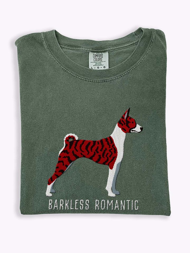Barkless Romantic T-Shirt(Embroidered) of a Basenji(Brindle) product image (1)