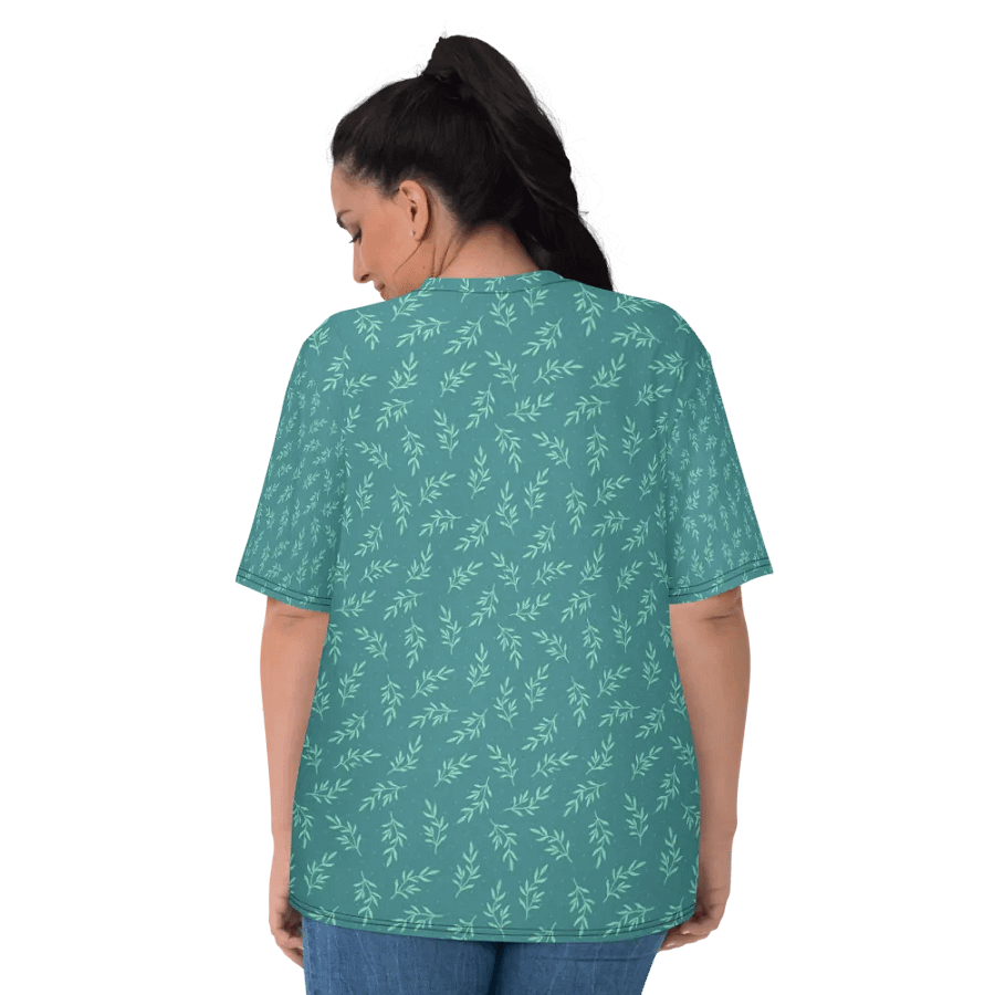 Ladies T shirt all over print teal color  leafy design  giving a fresh healthy feel. product image (6)
