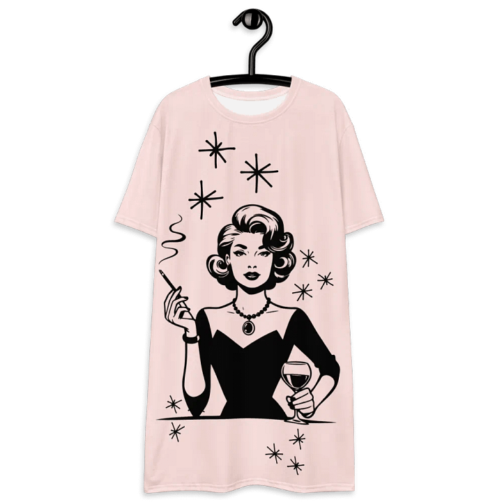 Retro Woman Drinking Wine T-Shirt Dress, Misty Rose product image (2)