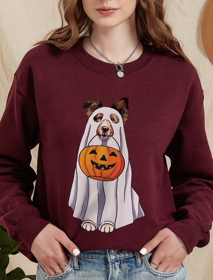 Shetland Sheepdog Halloween Sweatshirt | Funny Halloween Sheltie/Rough Collie Wearing Ghost Costume w/ Pumpkin Basket product image (14)