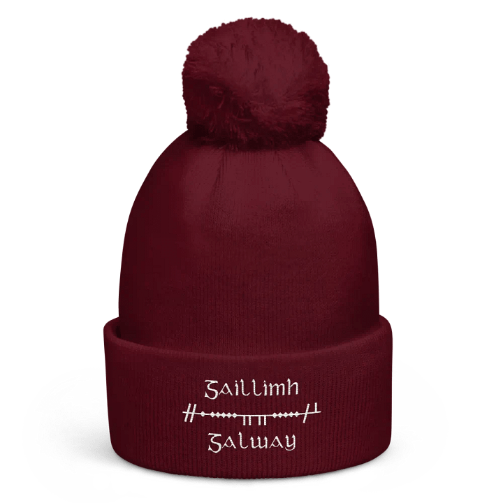 Galway/Gaillimh Scholastic style Ogham, maroon with white, embroidered Pom-Pom Beanie product image (1)