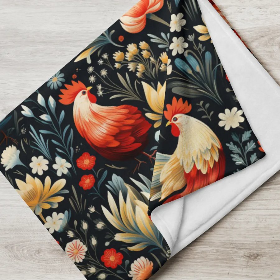 Floral Rooster Blanket - Blue & Red product image (5)