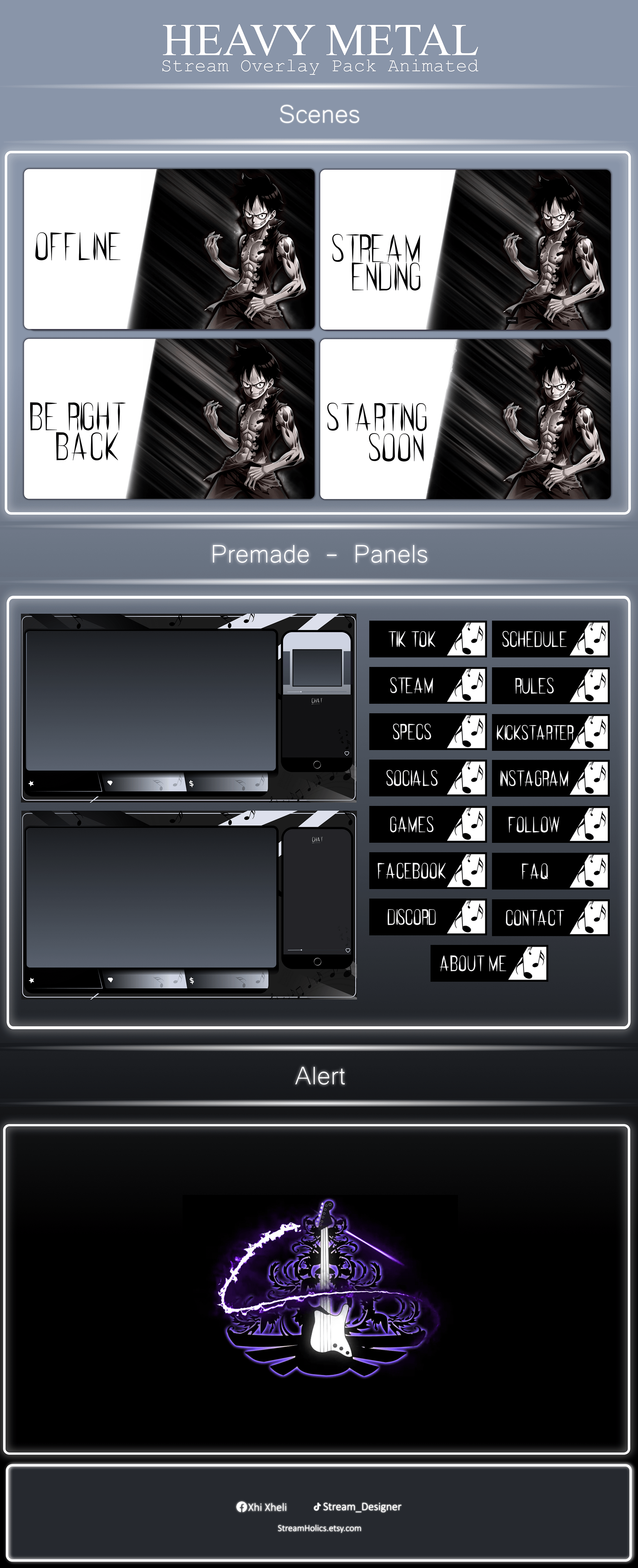Dark Anime Stream Overlay Pack, One Piece Overlay, Heavy metal twitch overlay, Dark Anime Overlay, Black white stream overlay animated product image (2)