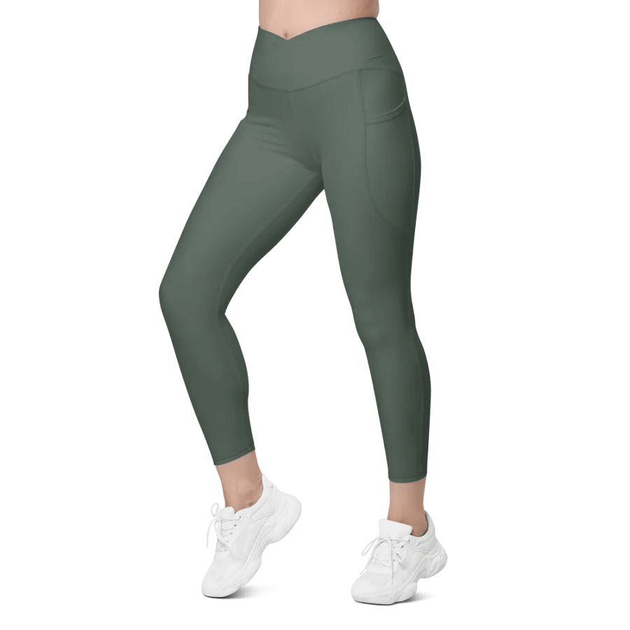 Plain Dark Sage Green Soft Summer Women's High Waisted Premium Crossover Leggings with Pockets by Treasure Pie product image (6)