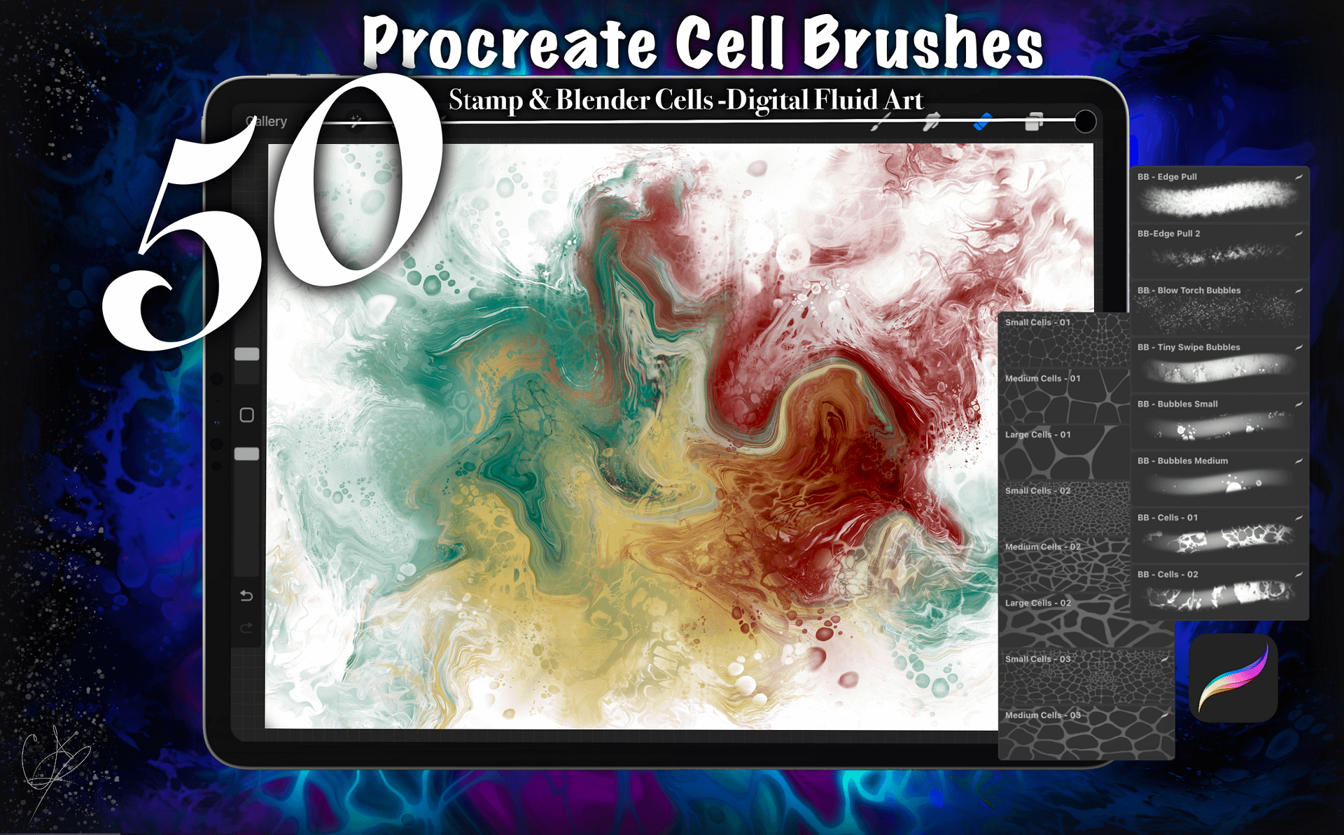 50 Procreate Cell Brushes, Stamp Brushes, Blender Brushes, Digital Fluid Art product image (1)