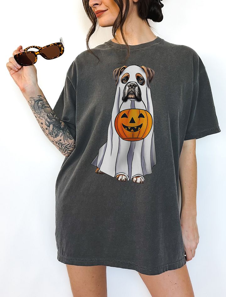Boxer Dog Halloween Tee | Funny Fall and Halloween Boxer Wearing a Ghost Costume with Pumpkin Basket product image (6)