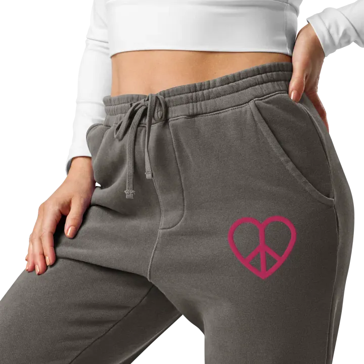 Embroidered Peace-Heart Sweatpants with Pockets (Pink Heart) product image (1)