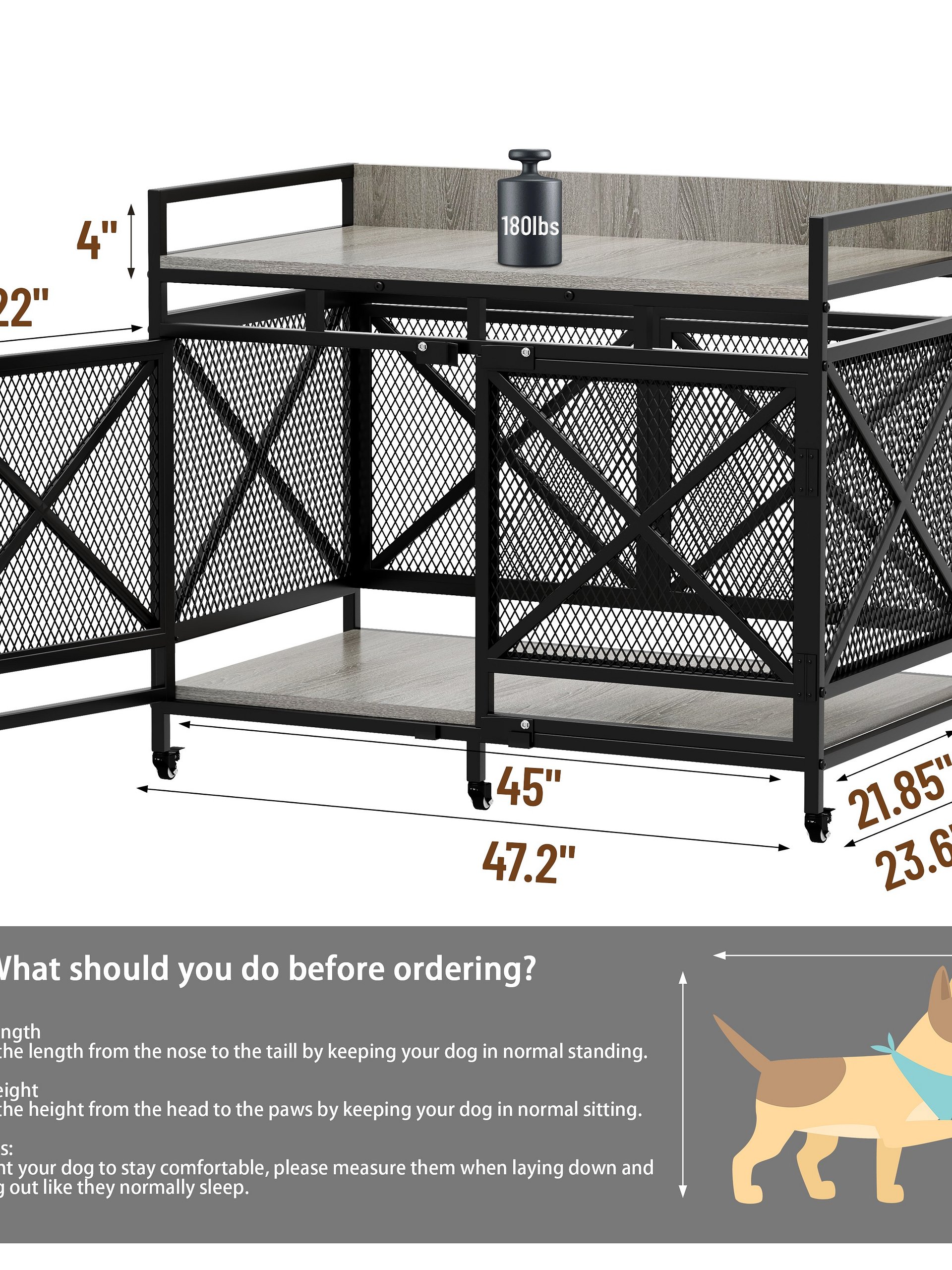 48 inch Dog Crate Furniture for Large Breeds (Up to 90 lb), Wooden & Steel, 360° Casters, Waterproof Top, Steel Lock,Textured Gray product image (2)