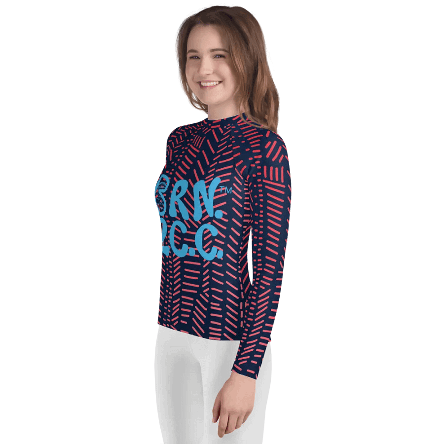 Girls' | YOUTH | Rash Guard | BRN.2C.C.™ Front Graphic | BOURNE to Cape Cod™ Sleeve & Back Logo | Coastal Swim Shirt for Kids | UV Protection Activewear | Blue Logo | Coral Dashes product image (3)
