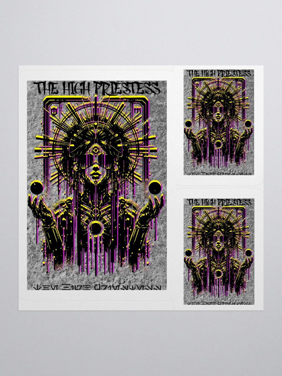 Cyberpunk Tarot Sticker – "The High Priestess" Card with Crystalline Headdress & Floating Orbs – Graffiti Stencil Futuristic Vinyl Decal product image (2)