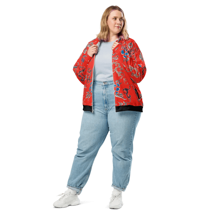 Red Oriental Floral Zip-Front Unisex Bomber Jacket product image (1)