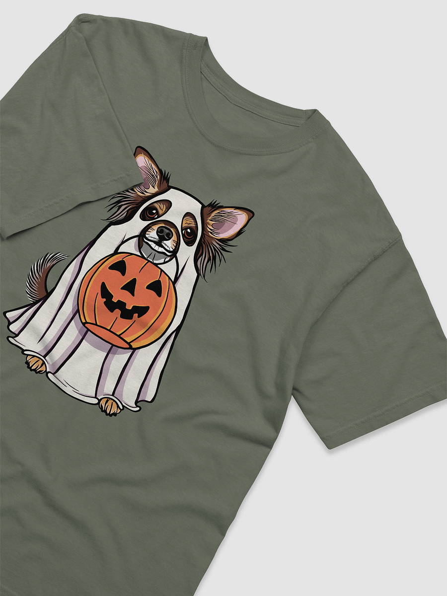 Funny Halloween Longhaired Chihuahua(Red Tricolor) T-Shirt | Funny Chihuahua Wearing a Ghost Costume and Holding a Pumpkin Basket product image (10)