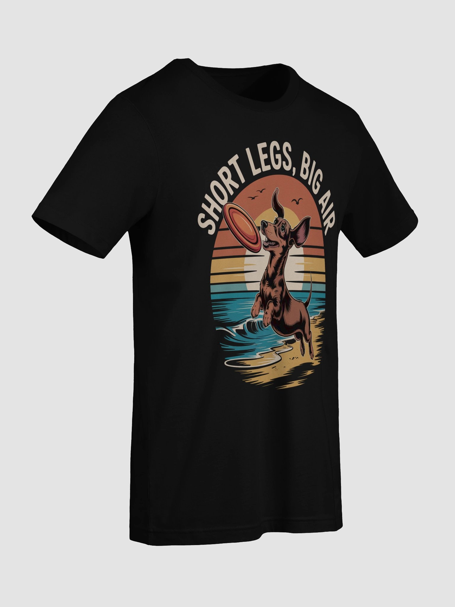 Short Legs, Big Air – Retro Dachshund Beach Disc T-Shirt product image (9)
