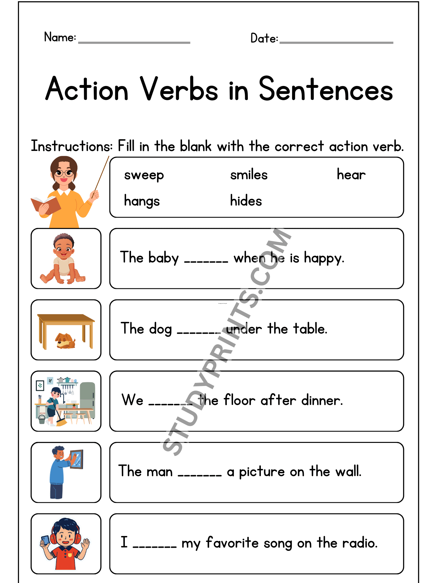 20 Printable Action Verbs Worksheets – Fill in the Blank product image (3)