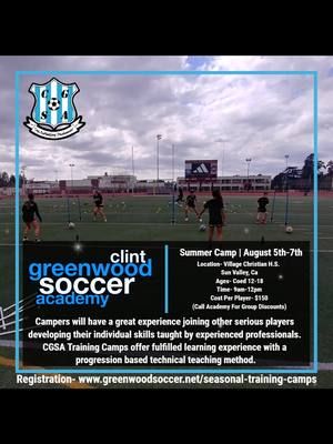 Clint Greenwood Soccer Academy, local So-Cal Summer Camp details below. Summer Camp | August 5th-7th Location- Village Christian H.S. Sun Valley, Ca Ages- Coed 12-18 Time- 9am-12pm Cost Per Player- $150 (Call Academy For Group Discounts) Direct Link- https://www.greenwoodsoccer.net/seasonal-training-camps CGSA - Campers will have a great experience joining other serious players developing their individual skills taught by experienced professionals. CGSA Training Camps offer fulfilled learning experience with a progression based technical teaching method. Contact for more details. #soccertrainer #soccertrainers #soccertrainerforkids #soccertrainerextraordinaire #soccertrainerforgirls #soccertrainerforboys #soccertrainergoal #soccertrainerlife #socceracademy #socceracademykids #socceracademyfc #socceracademycamp #soccerpractice #soccerpractice⚽️ #soccerpracticedrills #soccerpractices #soccerpractice⚽ #soccerpracticeathome #soccerpracticeagain #soccerpracticeafter #soccerpracticeatthebeach #soccerpracticeadventures #soccercoach #soccercoaching #soccercoachingdrills #soccercoaches #soccercoachlife #soccercoachacademy