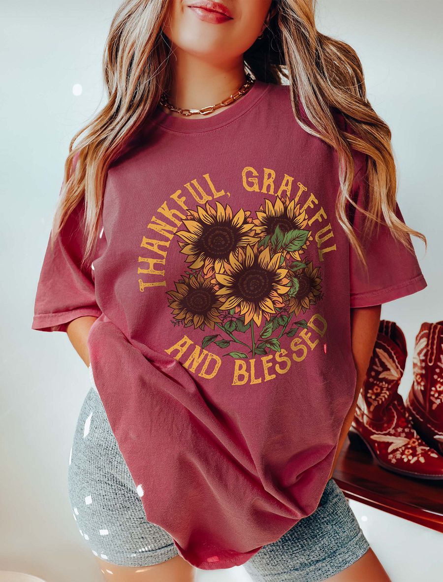 Thankful, Grateful, and Blessed Sunflower T-Shirt | Motivational Fall and Thanksgiving T-Shirt Design product image (5)