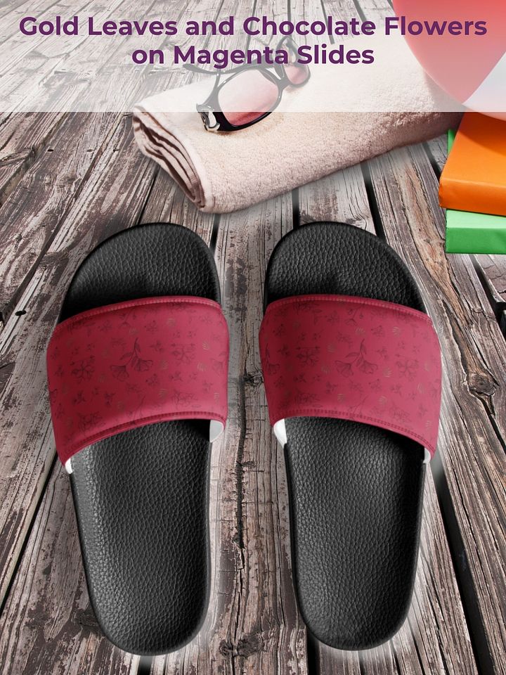 Gold Leaves and Chocolate Flowers Magenta Women's Slides product image (1)
