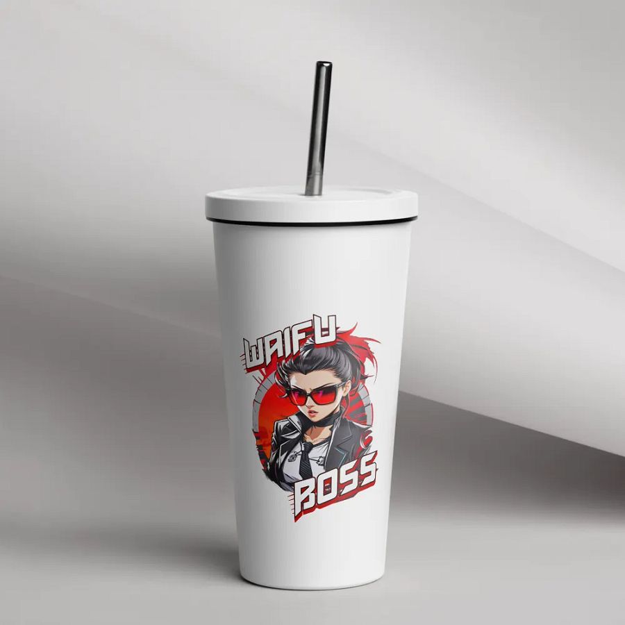 Waifu Boss 20 oz Tumbler Cup - White - Insulated Tumbler with a Straw v1 product image (12)