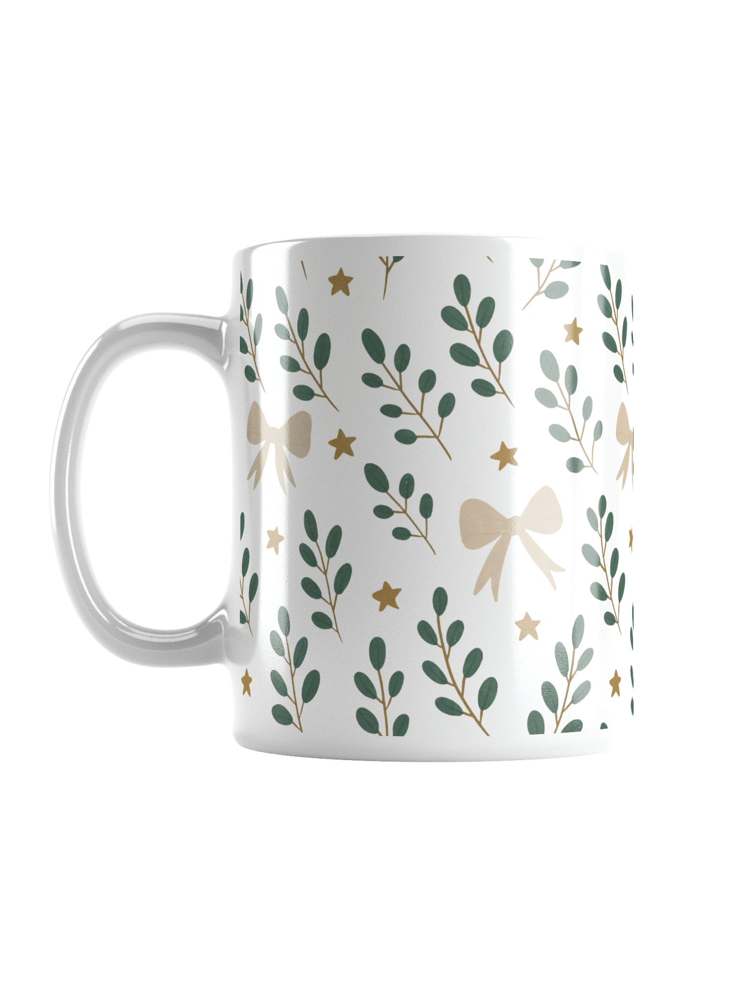 White glossy mug ribbons & stars botanical Christmas. Elegant botanical holiday mug product image (1)