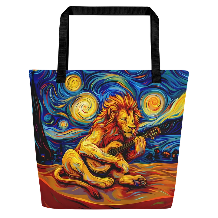 Tote Bag: Trippy Lion Playing Guitar Van Gogh Starry Night Art Style Design product image (1)