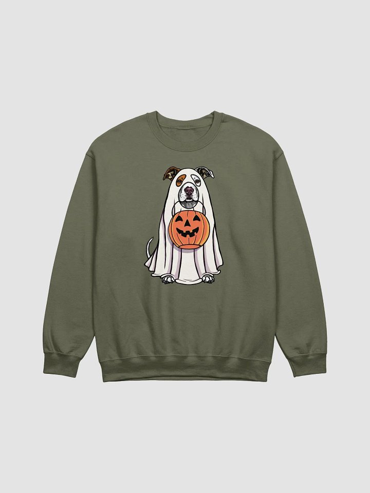 Funny Halloween Pitbull Terrier(White) Sweatshirt | Funny Pittie Wearing a Ghost Costume and Holding a Pumpkin Basket product image (1)