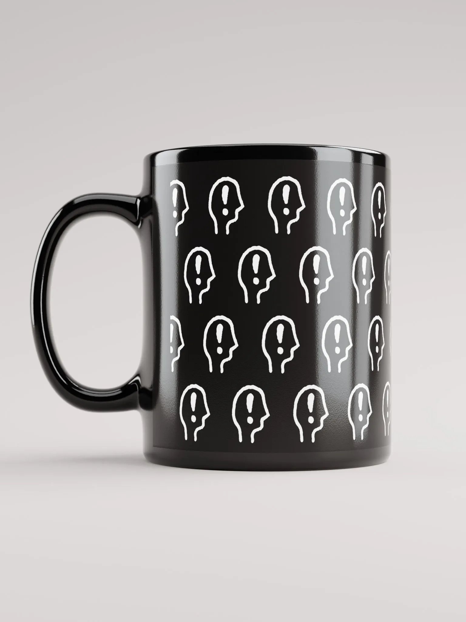 EXCLAIMING MENTALLY (white repeating design) glossy black mug product image (11)