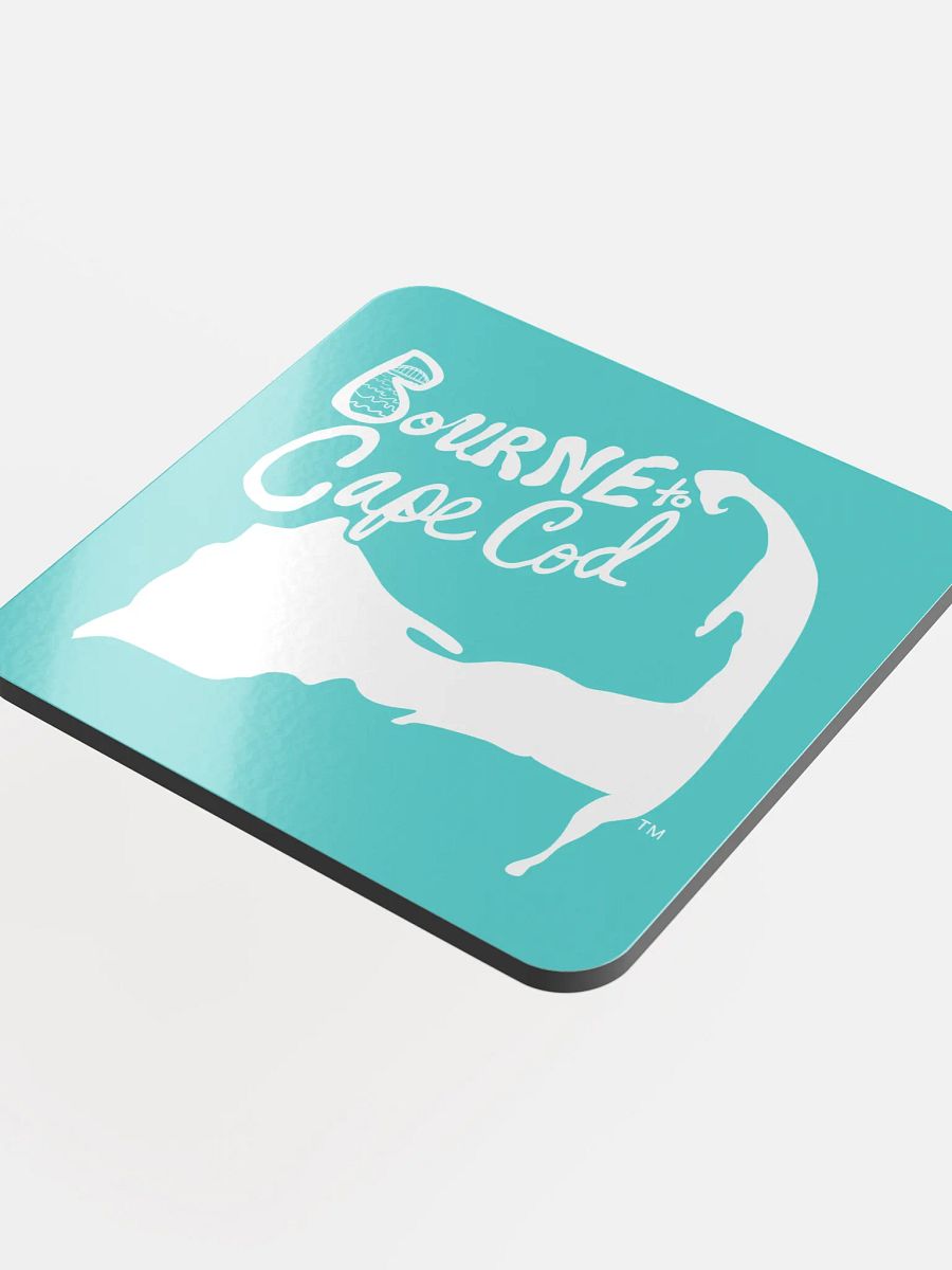 BOURNE to Cape Cod™ | Coastal Coaster | Glossed Cork | Eco-Friendly | Minimalist Coastal Decor | 3.74" Square | White Logo on Dark Turquoise product image (4)
