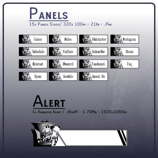 Luffy Black White Stream OVERLAY Pack, One Piece Overlay, Dark Anime twitch overlay, Anime black white Overlay, Black white stream overlay product image (4)