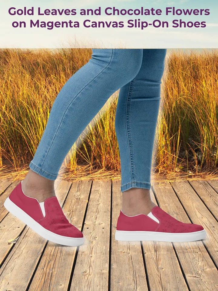 Gold Leaves and Chocolate Flowers on Magenta Women's Slip-On Canvas Shoes product image (1)